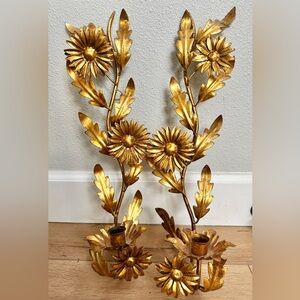 A Pair of Vintage Gilt Floral Wall Candle Sconces.